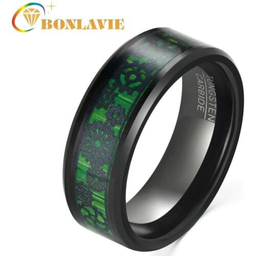 8mm Electric Black Inlaid Green Carbon Fiber Gear Pattern Tungsten Steel Ring Mens Bague Homme Jewelry