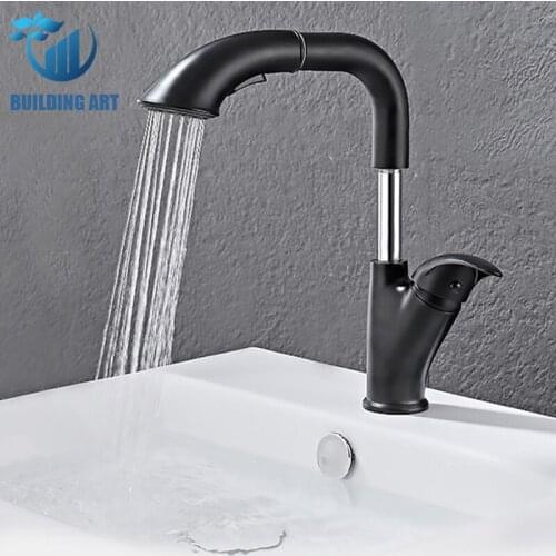 Brass Bathroom Pull Out Basin Faucet Liftable Basin Faucet Cold Hot Mixer Crane Sink Tap Basin Faucet 2 Modes Shower Column