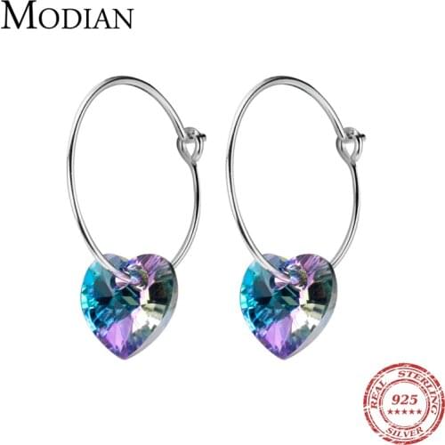 Modian Sparkling Blue Crystal Swing Hoop Earrings For Women Classic Heart 925 Sterling Silver Luxury Jewelry Female Accessories
