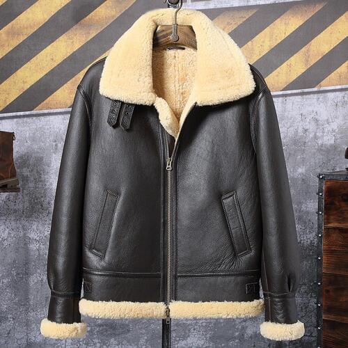 Mens Black Sheepskin Shearling Jacket B3 Airforce Flight Coat Short Leather Jacket Plus Size Thick Fur Coat