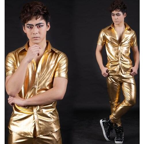 Hip Hop Jazz Dance Costumes for Men Pure Color Casual Gold Short Sleeve Shirt Ballroom Dance Clothing Host Stage Wear XS1727