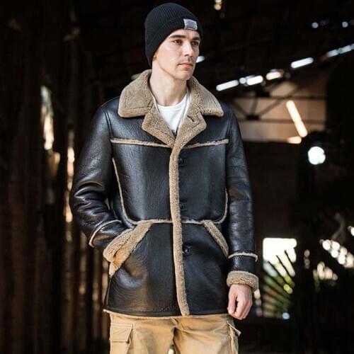 New Mens Sheepskin Shearling Jacket Long Winter Coat Hunting Leather Overcoat Natural Fur Parkas