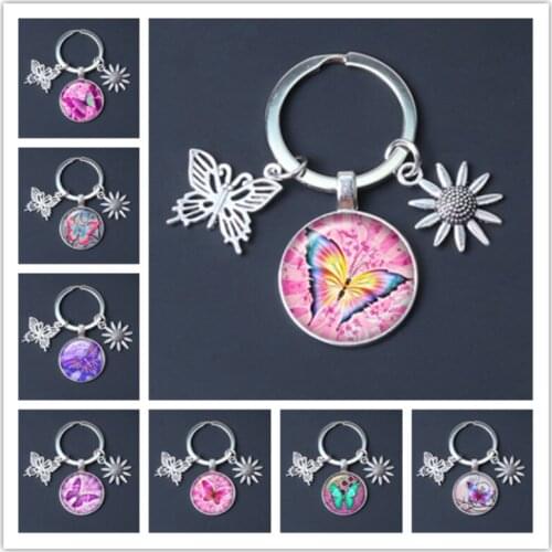 New Butterfly Keychain Flower Key Ring Butterfly Glass Cabochon Female Fashion Jewelry Quality Bag Car Charm Key Chain Gift