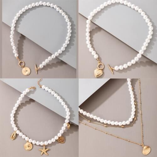 Tocona Luxury Pearl Stone Necklace for Women Charming Summer Shell Starfish Hollow Heart Geometric Pendant Necklace Boho Jewelry