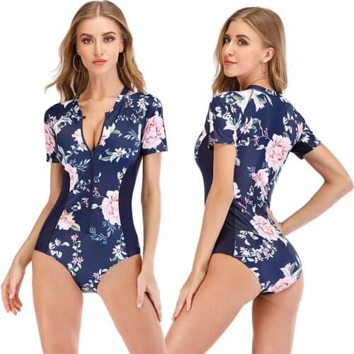 Sexy Surf Rashguard Short Sleeve Swimwear Women One Piece SwimsuitBathing Suit Beach Wear Bodysuit