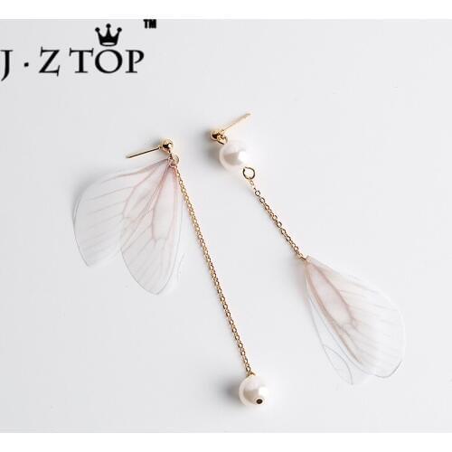 JZTOP Butterfly Wings Tassel Stud Earrings Imitation Pearl Metal Chain Asymmetry Long Earrings Female Personality Brinco Jewelry