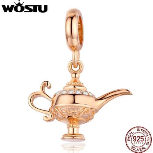 WOSTU Real 925 Sterling Silver Lamp of Aladdin Charm Rose Gold Beads Fit Original Bracelet Pendant Lucky Wish Jewelry CQC703-C