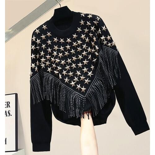 Warm Pull Sweater Women Tassled Star Rivet Pullover Knitting Coat Autumn Winter Female Harajuku Black Bat Sweaters