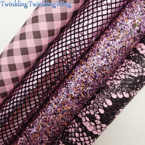 PINK Glitter Fabric, Metallic Snake Faux Fabric, Plaids Synthetic Leather Fabric Sheets For Bow A4 21x29CM Twinkling Ming XM824