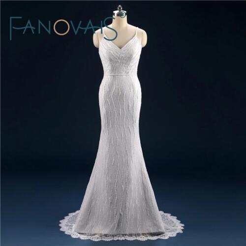 V Neck Sheath Wedding Dress Plus Size Lace Pealrs Spaghetti Wedding Gowns Vestido de Novia Robe de Maree 2019 luxury dresses