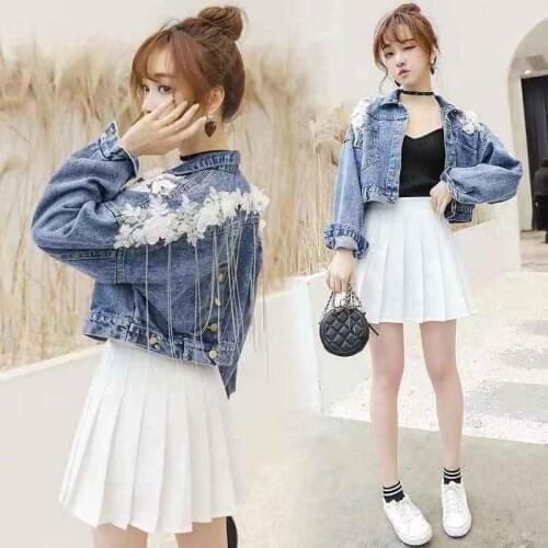 Sweet Spring And Autumn New 2021 Korean Stereo Flower Embroidery Chain Tassel Loose Bat Sleeve Denim Short Jacket
