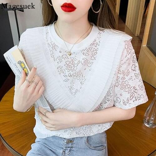 Stitching Womens Shirt Sweet Summer Hollow Flower Blouse Women O Neck Ruffle New Short Sleeve Crocheted Lace Tops Blusas 15809