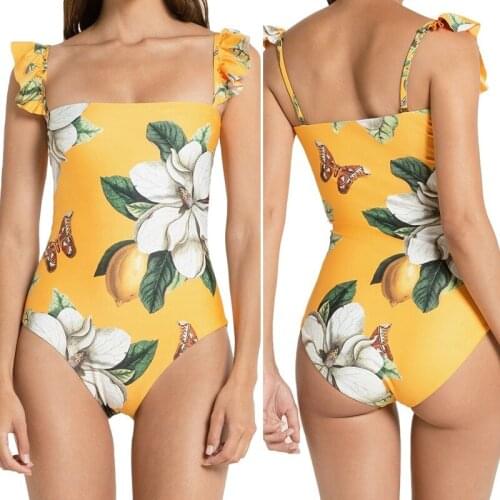 Womens One-Piece Swimsuit Sexy Print Small Fresh One-Piece Bikini One-Piece Yellow