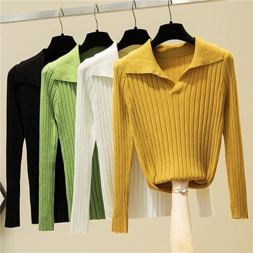 New Knitted Sweater Women Fashion Solid Color Turn Down Collar Casual Sweaters for Women Autumn Winter Slim Fit Lady Sweater
