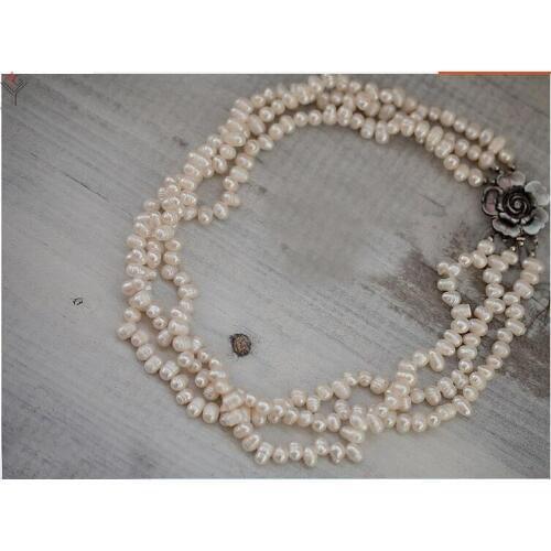 Wedding Women Jewelry 3 Rows Necklace 9-10mm white Pearl Choker Flower Clasp Baroque Pearl Natural Freshwater Pearl