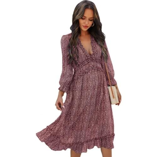 Plus Size Women Dress Floral Print Deep V Neck Spring Summer Long Sleeve Large Ruffle Hem Midi Dress Streetwear Party Dresses