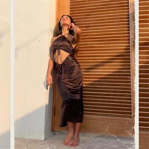 High Street Summer Women Sexy Front Tie-Up Neck-Mounted Long Dress Hollow Out Solid Color Drawstring Folds Evening Party Dress