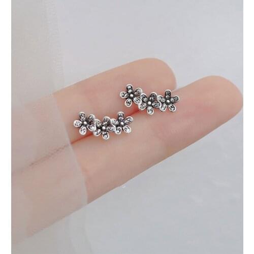 100% Real 925 Sterling Silver Three Little Flower Stud Earrings Vintage Flower with Zircon Earrings for Women Girls
