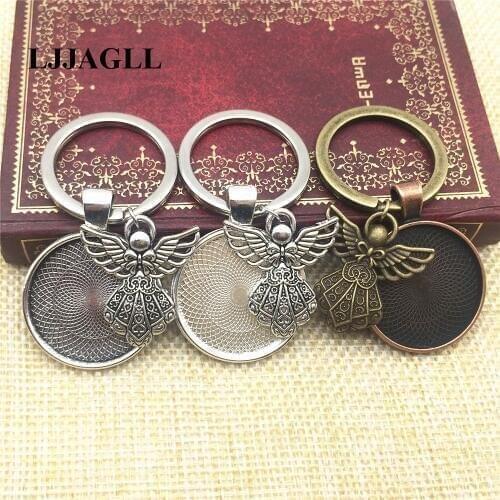 5pcs/lot Metal Antique Silver Plated Angel Charms Keychain Fit 25mm Dia Flower Base Vintage Key Chain Diy Jewelry Making AYSQ205
