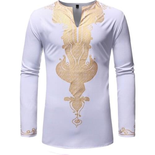 White African Clothes Nice Luxury Bronzing African Dashiki Print Shirt Men Hip Hop Streetwear Casual African Shirt Male Camisas
