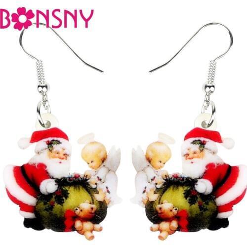 Bonsny Acrylic Christmas Santa Claus Angel Bag Earrings Drop Dangle Sweet Decoration Gift Jewelry For Women Girl Ladies Navidad