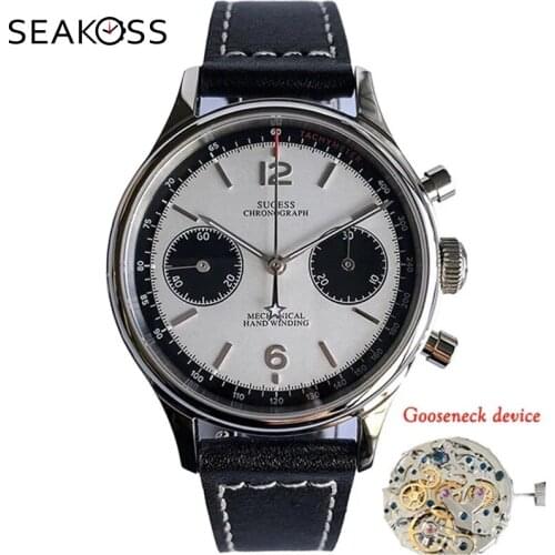 Seakoss Luminous Chronograph Gooseneck Seagull Mechanical Movement Watches Men Pilot Watch Genuine Leather Sapphire Reloj Hombre