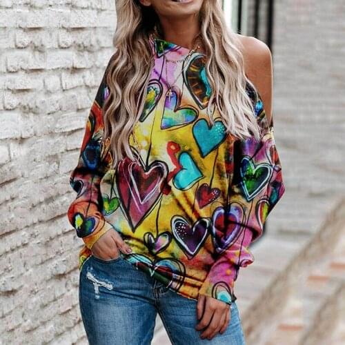 Women Sexys off The Shoulder Tops Long Sleeve Love Graffiti Print Casual Blouse Shirt TT@88