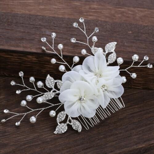 White Flower Rhinestone Pearl Hair Combs Jewellery Pearl Tiaras Headpiece Hair Jewelry Women Wedding Hair Accessories