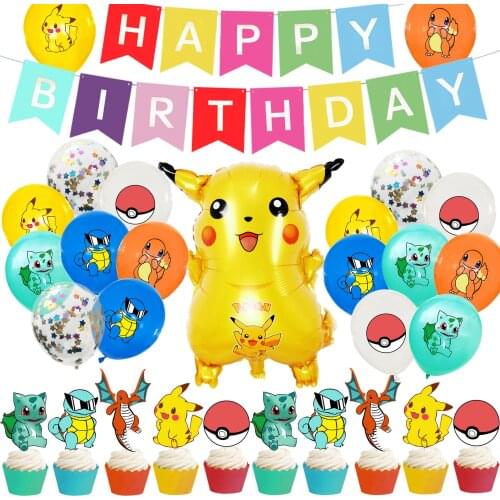 Pokemon Go Birthday Party Decoration Pikachu Printed Balloons Cup Cake Topper Insert Banner Flag DIY Set Kids Party Supplies