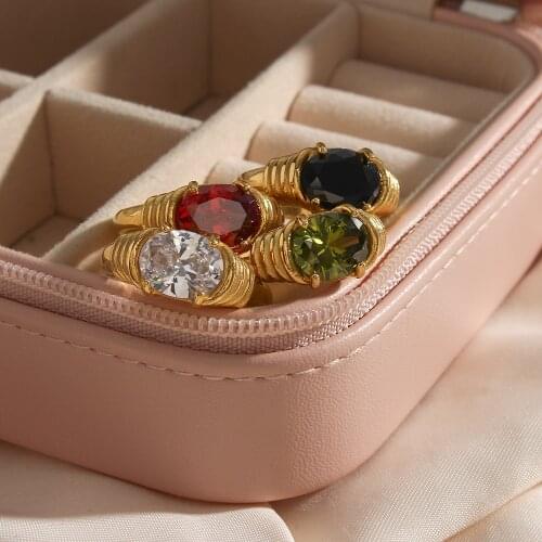 Delicate Engraved Texture 18K Gold plated black white red gree oval cutt zircon stone rings for women shiny party ring jewelry