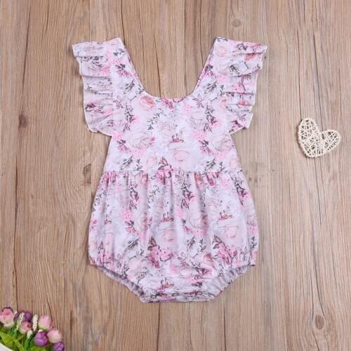 Summer Newborn Baby Girl Cotton Ruffle Flying Sleeve Bodysuit Round Neck Flower Pattern Jumpsuit Outfits