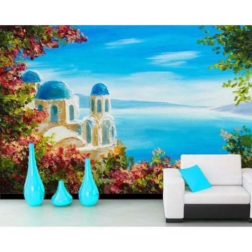 Summer sea house flowers landscape oil painting 3d wallpaper mural papel de parede,living room bedroom wall papers home deocr