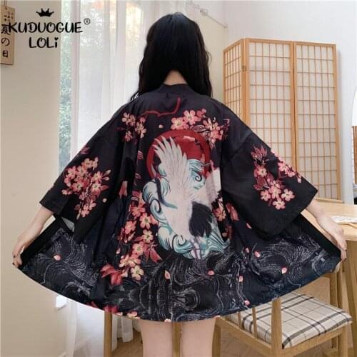 Summer Thin Cardigan Lace-Up Kimono Girls Sweet Student Long Sleeve Jacket Women Digital Crane Flower Printing Top Yukata New
