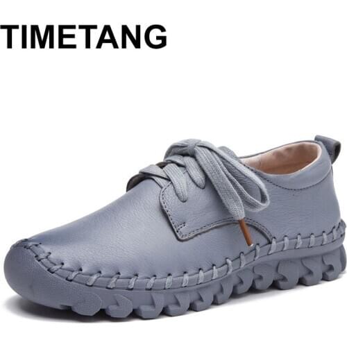 TIMETANGsoft women flats genuine leather lady loafers lace up women shoes summer autumn fall breathable black white red