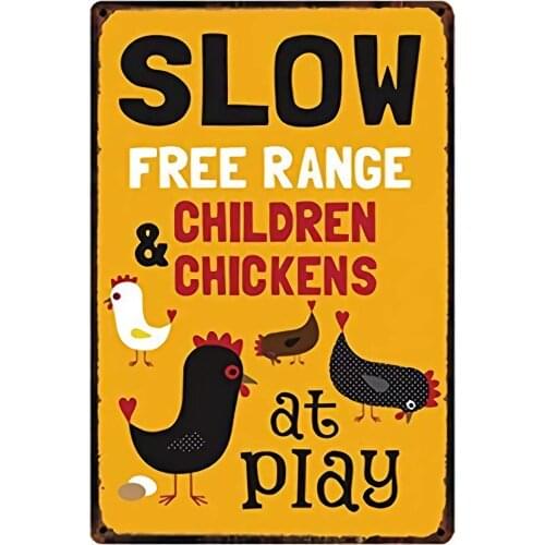 Metal Sign Slow Free Range Children&Chickens At Play Farm Art Wall Decoration Retro Square Metal Sign 8X12 Inches