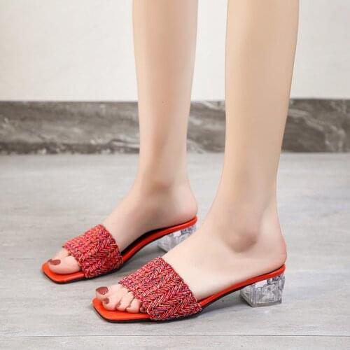 2021 New Women Slides 5cm High Heels Mules Female Fetish Slippers Summer Sandals Lady Clear Block Low Heels Blue Shoes Hot Sell