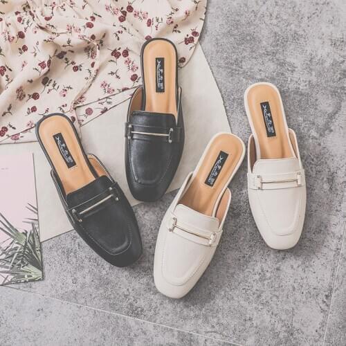 Mules shoes woman metal decoration solid flats slippers brief closed toe soft leather slides ladies comfy casual flip flops 2020