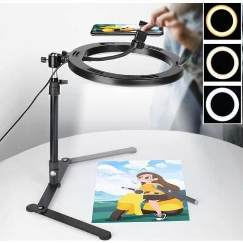 Desktop LED Selfie Ring Light Studio Photography live Photo Dimming Fill Ring Light with Tripod for Smartphone overhead bracket