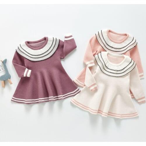 Autumn 2021 Baby Girls Knitted Dress Infant Long Sleeve Ruffles Princess Girls Dresses Toddler Clothes For Girls Knitwear Cotton