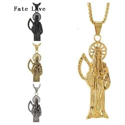 Fate Love High Quality Holy Saint Death Santa Muerte Skull Delicate Pendant Stainless steel Rolo Chian Necklace XMAS Gifts Men