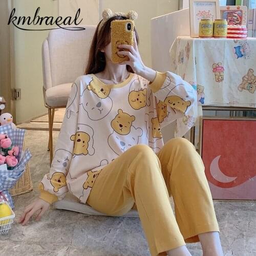 Pajamas for Women Autumn Spring Cotton Two Pieces Pyjama Sets Sleepwear Nightwear Girl Cartoon Loose Thin Homewear Plus Size 2xl