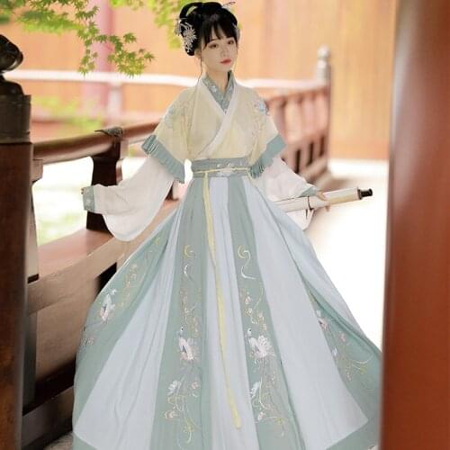 XinHuaEase Womens Green Hanfu Fairy Dresses Jin Dynasty Waist Type Cross Collar Autumn Chinese Traditional Style Dance Costumes