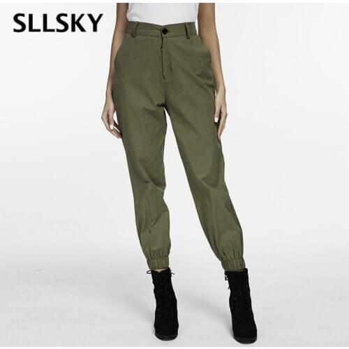 SLLSKY Womens Casual Solid Cargo Pants Office lady England style Spring Autumn Trouses High waist Jogging Streetwear Pants