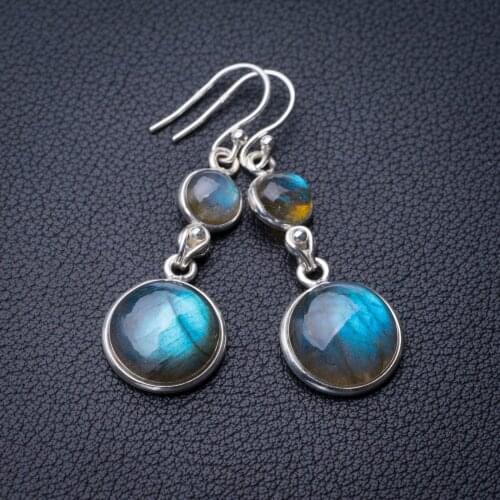 StarGems Natural Blue Fire Labradorite Handmade 925 Sterling Silver Earrings 1.75" E0793