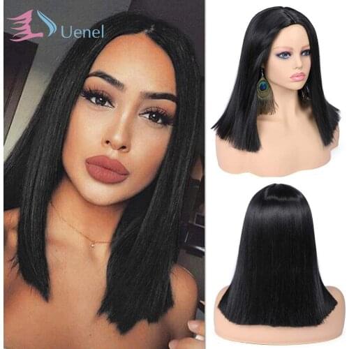 Uenel Short Straight Bob Wigs Black Short Wig Middle Part Synthetic Wigs Shoulder Length Daily Cosplay Wigs for Women 14 inches