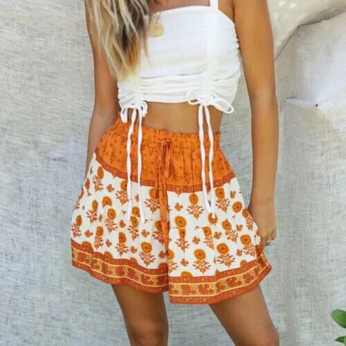 TEELYNN flare Elastic waist beach women 2020 Bohemia orange cotton shorts floral print summer short pants casual scanties