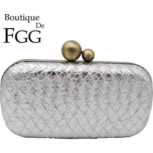 Boutique De FGG Shiny Silver PU Women Metal Clutches Evening Handbags and Purses Ladies Casual Chain Shoulder Crossbody Bag