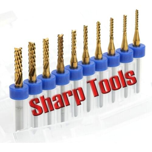 10pc 0.5-3.175mm PCB Cutters with Tin Nano Coating, TIN PCB End Milling Cutting Tools with Imported Tungsten Steel Solid Carbide