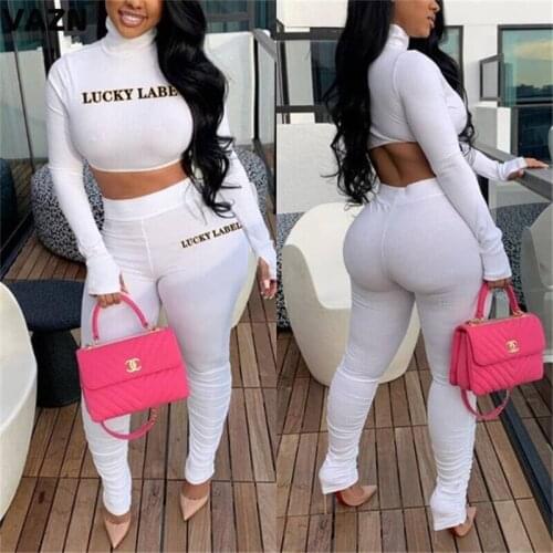 VAZN 2020 Energetic Tight Running Sports Sportswear Sets Letter Women Turtleneck Full Sleeve Long Pant Holiday Sets