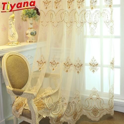 Beige Luxury Embroidered Curtain Tulle for Living Room European Geometry Window Drpes for Bedroom Balcony X-HM291#30